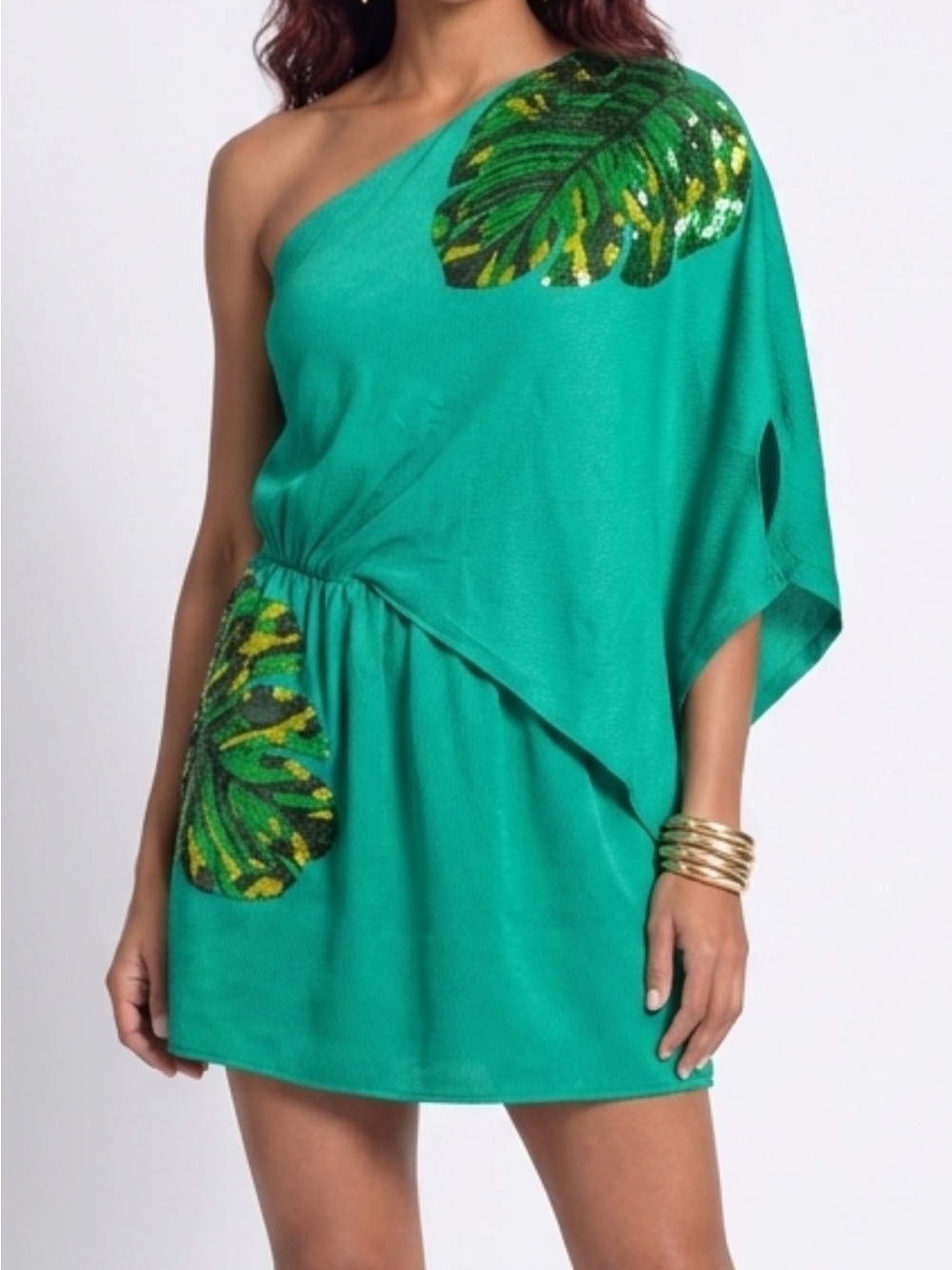 Judith March One-Shoulder Emerald Green Tropical Sequin Dress
